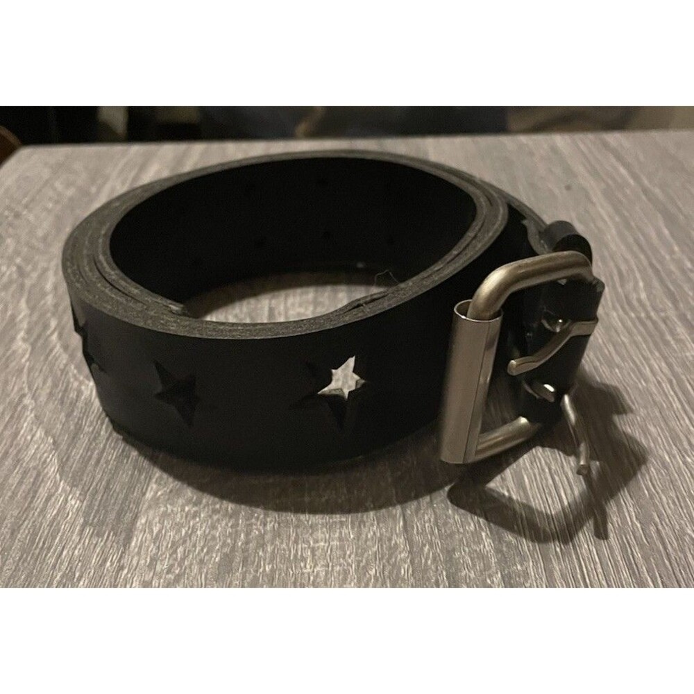 Black Vintage Vanity Stars Cut Out Belt Big Silver Buckle Size Large READ